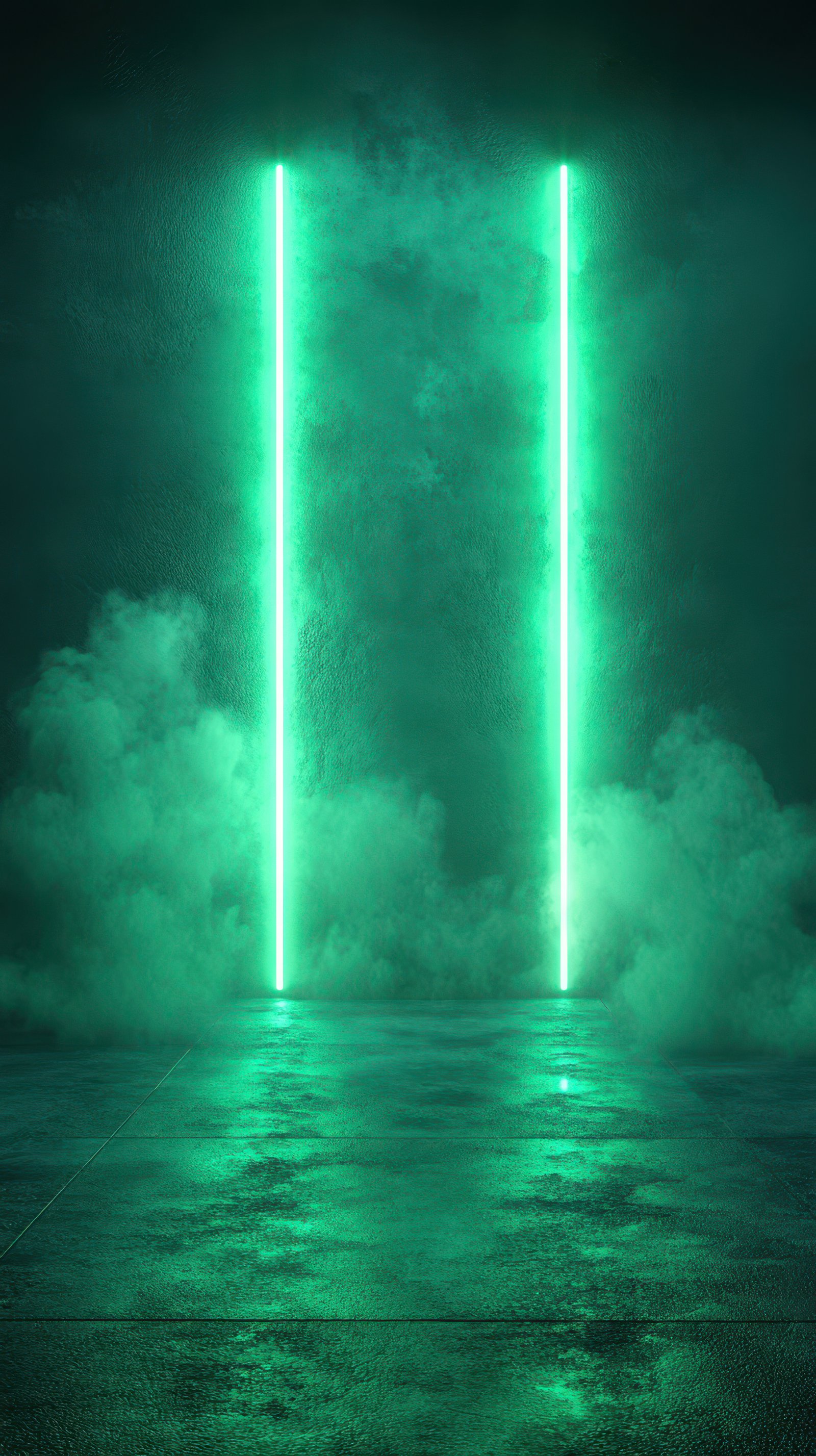 Glowing green vertical lights illuminate a misty space in an artistic setup for a creative event